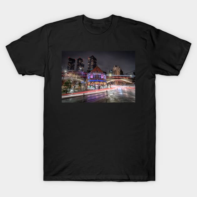 Manchester Night View with Light Trails and Atlas Bar T-Shirt by TonyNorth